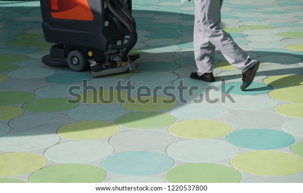 Workers Legs Using Scrubber Drier Machine Stock Image Download Now