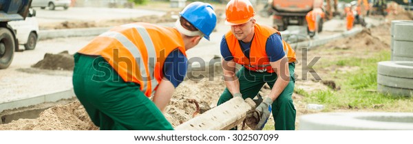 Workers Lifting Heavy Cement Construction Panorama Stock Photo (Edit ...