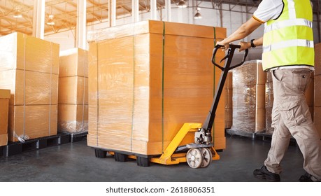 Workers Loading Bulk of Package Boxes in Warehouse. Forklift Pallet Jack Loader. Distribution Storage Warehouse. Supply Chain, Shipping Supplies Warehouse Logistics.		
