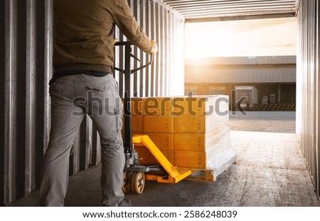 Workers Loading a Package Boxes Pallets inside Shipping Container. Forklift Pallet Jack Loader. Distribution Storage Warehouse. Supply Chain, Supplies Warehouse Shipping. Logistics.	
