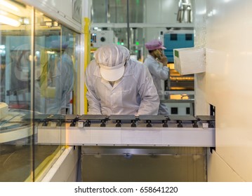 Workers And Machinery In A Solar Panel Manufacturing Industry Factory.