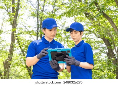 Workers managing forests using a tablet PC