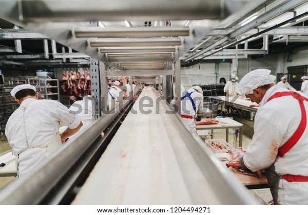 Workers at meet industry handle meat\
organizing packing shipping loading at meat\
factory.