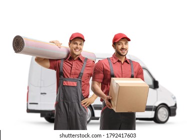 Workers From A Moving Company With A Box And Carpet In Front Of A White Van Isolated On White Background