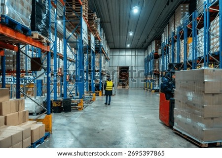 Workers are moving inventory using a forklift and inspecting goods on high racks in a large cold storage logistics warehouse, ensuring efficient operations and supply chain management