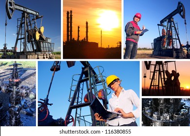 Workers In An Oilfield, Split Screen, Best Focus On Businesswoman