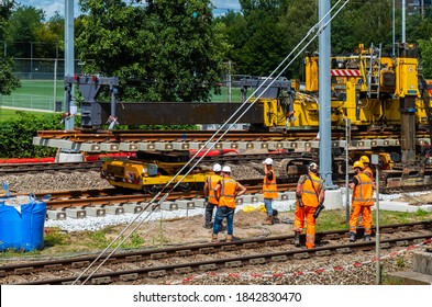 Workers On A Large Railroad Construction Project
