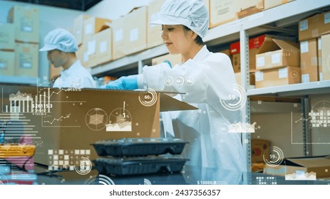 Workers packing products and numerical data concept. Inventory control. Delivery business. Warehouse management system.