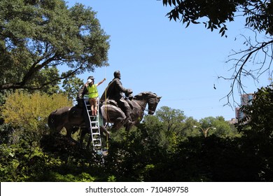 Workers Prepare To Remove Confederate Statue In Robert E Lee Park, Dallas, Texas.