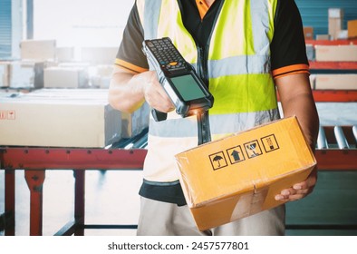 Workers Scanning Bar Code Scanner on Package Boxes. Computer Scanner Mobile Work Tools. Warehouse Inventory Management. Delivery to Customers. Storehouse. Shipment Boxes. Warehouse Shipping .