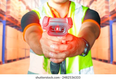 Workers Scanning Barcode Scanner with A Red Laser. Computer Scanner Mobile Work Tools. Warehouse Inventory Management. Storage Warehouse. Delivery to Customers. Shipment Boxes. Shipping Storehouse. 