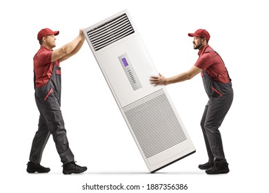 Workers In Uniforms Installing A Self Standing Portable Air Conditioning Unit Isolated On White Background