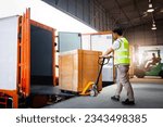 Workers Unloading Heavy Box into Container Truck. Trucks Loading Dock Warehouse. Supply Chain,  Package Boxes Shipment, Supplies Warehouse. Freight Truck Logistic, Cargo Transport, Warehouse Shipping.