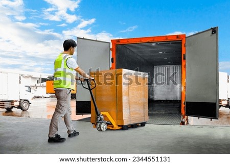 Workers Unloading Heavy Pallet Boxes into Container Truck. Loading Dock Warehouse. Supply Chain, Warehouse Shipping, Package Boxes, Supplies Shipment, Freight Truck Logistic, Cargo Transport Warehouse