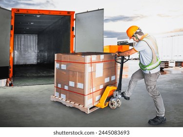 Workers Unloading Package Boxes into Container Truck. Forklift Pallet Jack. Loading Dock Warehouse. Warehouse Shipping, Supply Chain, Supplies Shipment, Freight Truck Logistic, Cargo Transport.
