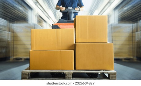 Workers Unloading Package Boxes on Pallet in Warehouse. Parcel Boxes, Cartons. Speed Motion Forklift Driving. Warehouse Supplies, Supply Chain, Shipment Goods. Distribution Warehouse Shipping.