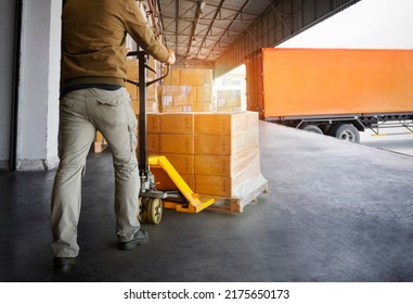 Workers Unloading Packaging Boxes on Pallets into The Cargo Container Trucks. Loading Dock. Shipping Warehouse. Delivery. Shipment Goods. Supply Chain. Warehouse Logistics Cargo Transport.	