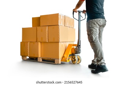 Workers Using Hand Pallet Truck Unloading Packaging Boxes on Pallet. Isolated on White Background. Shipping Warehouse. Delivery. Shipment Goods. Supply Chain. Warehouse Logistics Cargo Transport.	 - Powered by Shutterstock