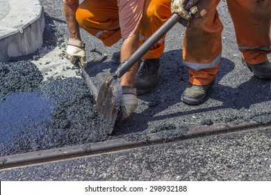 Workers Using Shovel Spread Mastic Asphalt Stock Photo 298932188 ...