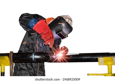 Workers Welding On Metal Steel Pipe By Tig Gas Inert Isolated On White Background