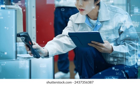 Workers who manages inventory with a barcode reader and technological interface concept. Digital transformation. IIoT. Industrial Internet of Things. - Powered by Shutterstock