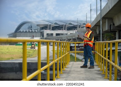 Workers At Work. Workers On The Bridge. Worker On The Site. Wastewater Treatment Concept. Service Engineer On Waste Water Treatment Plant And Checking Oxygen In Water With Drawing.