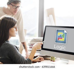 Workers working on computer network graphic overlay