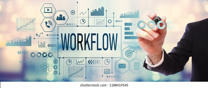 Workflow With Businessman On Blurred Abstract Background