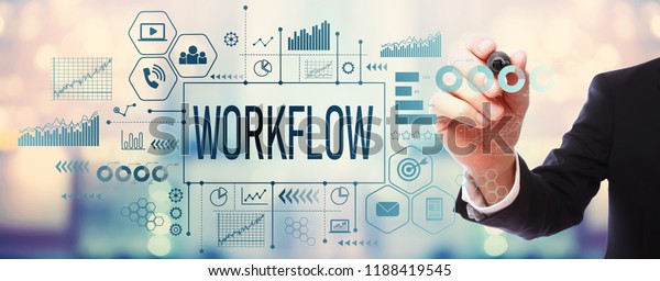 Workflow with businessman on blurred abstract background