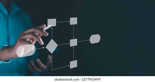 Workflow computer automation for business office. Developer writing flowchart to process workflow set plan and manage project data document. Computer git software system. Business technology