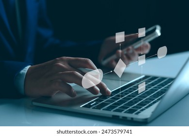Workflow computer automation for business office. Developer writing flowchart to process workflow set plan and manage project data document. Computer git software system. Business technology
