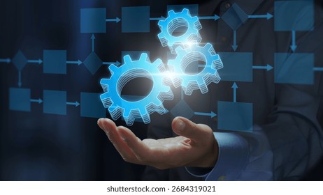 Workflow integration and API automation. Process collaboration and orchestration. Businessperson holding gear icons in workflow diagram.