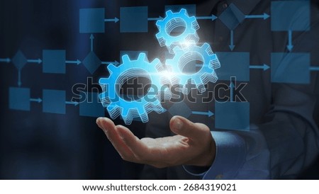 Workflow integration and API automation. Process collaboration and orchestration. Businessperson holding gear icons in workflow diagram.