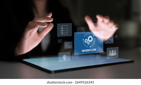 Workflow optimization concept featuring interconnected gears, task management, collaboration, process mapping, review, and automation for business productivity and efficiency Latch