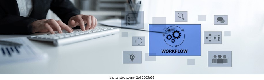 Workflow optimization concept featuring interconnected gears, task management, collaboration, process mapping, review, and automation for business productivity and efficiency Latch