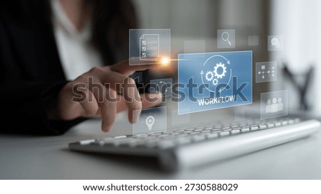 Workflow optimization concept featuring interconnected gears, task management, collaboration, process mapping, review, and automation for business productivity and efficiency Latch