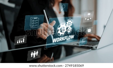 Workflow optimization concept featuring interconnected gears, task management, collaboration, process mapping, review, and automation for business productivity and efficiency Marrow