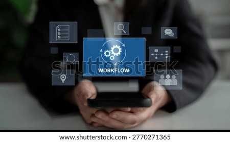 Workflow optimization concept featuring interconnected gears, task management, collaboration, process mapping, review, and automation for business productivity and efficiency Latch