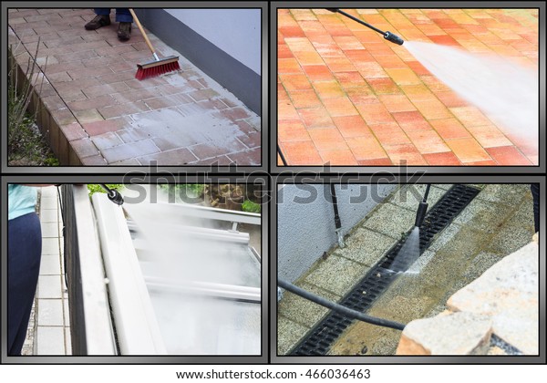 Workflow outside floor cleaning and building\
cleaning with high pressure water jet. The picture is divided into\
4 sections