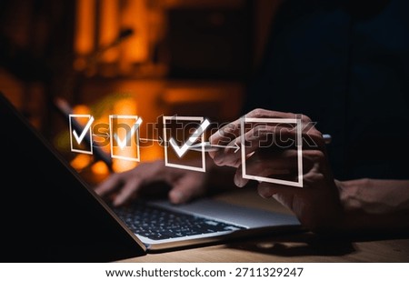 Workflow Process and Productivity Concept. Businessman using digital checklist interface to mark completed tasks in sequence, symbolizing efficiency, project tracking, document and task prioritization