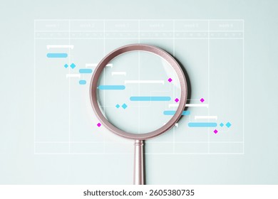 Workflow process solution plan management. Flowchart implement strategy interface diagram. A magnifying glass is focused on a white background with blue and pink lines.