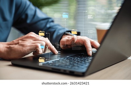 Workflow process solution plan management. Flowchart implement strategy interface diagram. A person is using a laptop computer, with their hand hovering over the keyboard.