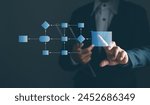 Workflow processes and flowchart, business structure. Businessman touch business process, analysis, management, system virtual screen with workflow automation diagram.