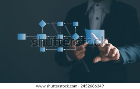 Workflow processes and flowchart, business structure. Businessman touch business process, analysis, management, system virtual screen with workflow automation diagram.