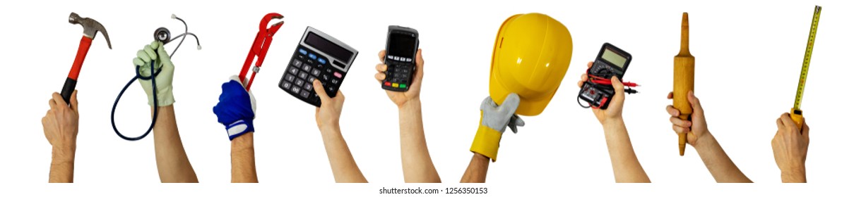 workforce - various profession workers with work tools in hands - Shutterstock ID 1256350153