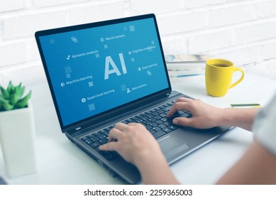 Working with AI apps concept. AI surrounded by icons and technologies on laptop display. Hands typing on the keyboard, close-up