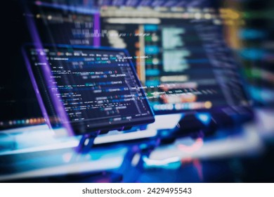 Working atmosphere of a programmer at home, background. Programming code abstract