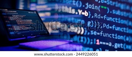 Working atmosphere of a programmer at home, background. Programming code abstract