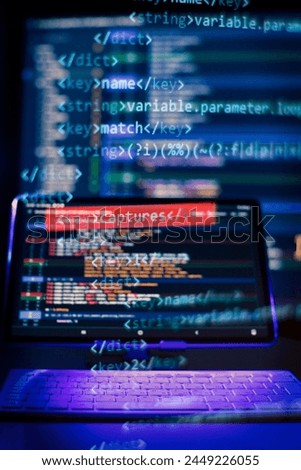 Working atmosphere of a programmer at home, background. Programming code abstract