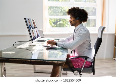 Working In Boxers At Desk. Work Video Call In Boxer Pants